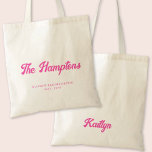 Hamptons Bachelorette Party Personlig Tote Tygkasse<br><div class="desc">Få party att börja med den här Hampton-bachelorette-personligen för återsändande av rosa till säcken. Det här trendiget är utformat så att du får en Bachelorette-stad i ett snyggt-återbildningsteckensnitt,  med gott om utrymme för anpassning med bridens namn och datum. Perfekt lägger till lite roligt och fläkt i din händelse.</div>