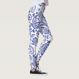 Hamptons Blue White Boho Chic Paisley Leggings
