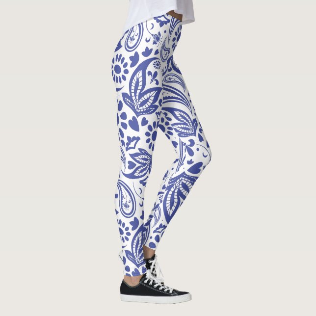 Hamptons Blue White Boho Chic Paisley Leggings (Höger)