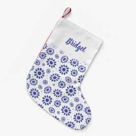 Hamptons Blue White Boho Daisy Patterned Liten Julstrumpa