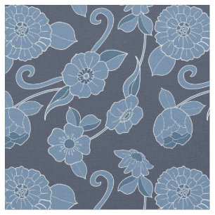 Hamptons Blue White Fold Blommönster Tyg