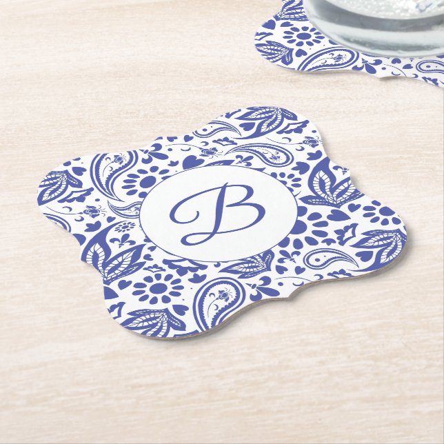 Hamptons Blue White Paisley Decorative Mönster Underlägg Papper (Vinklad)
