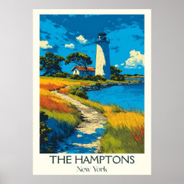Hamptons New York Vintage Lighthouse Beach Art Poster