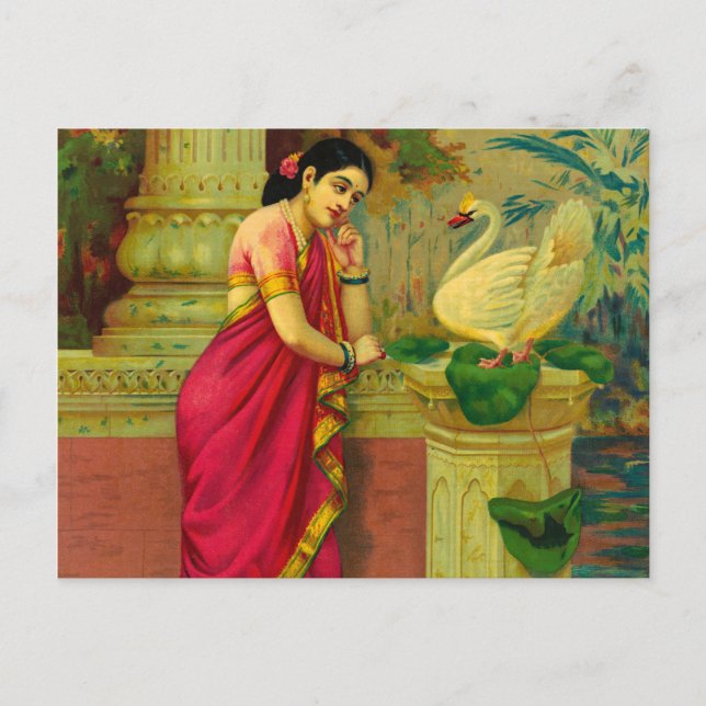 Hamsa and Damayanti by Raja Ravi Varma Vykort (Framsida)