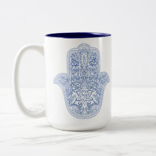 Hamsa Coffee Mugg - Blue & White - Judaica Gifts