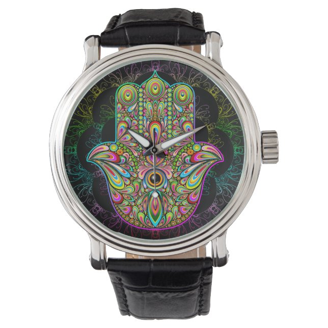 Hamsa Fatma Hand Psychedelic Art Armbandsur (Framsida)