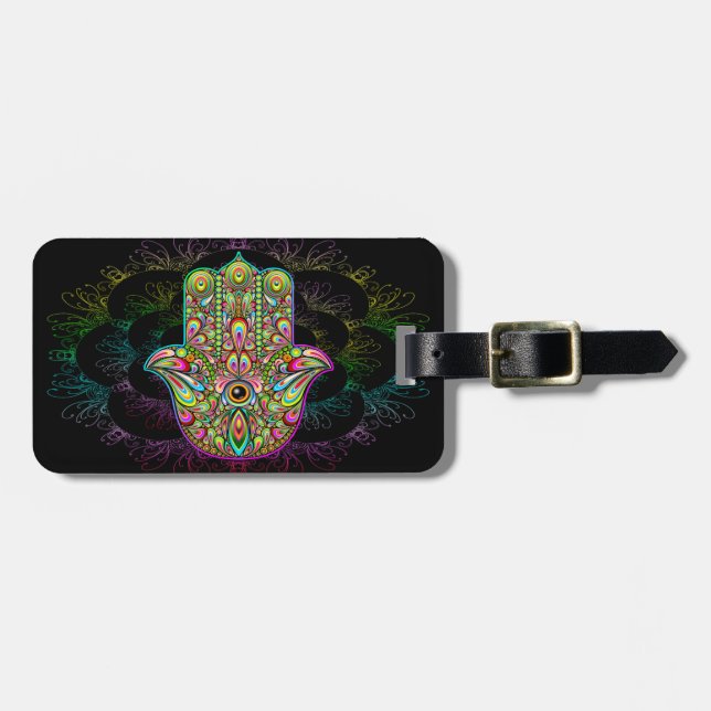 Hamsa Fatma Hand Psychedelic Art Bagagebricka (Horisontell Framsida)