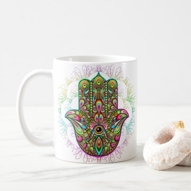 Hamsa Fatma Hand Psychedelic Art Kaffemugg (Med munk)