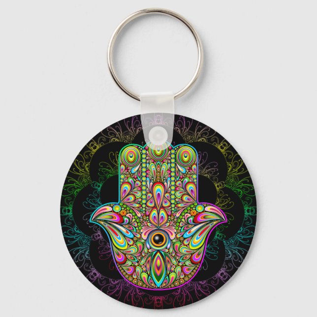 Hamsa Fatma Hand Psychedelic Art Nyckelring (Framsida)