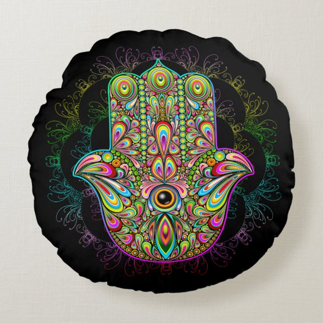 Hamsa Fatma Hand Psychedelic Art Rund Kudde (Framsidan)