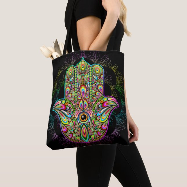Hamsa Fatma Hand Psychedelic Art Tygkasse (Närbild)