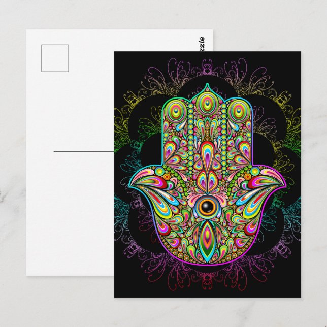 Hamsa Fatma Hand Psychedelic Art Vykort (Fram/baksida)