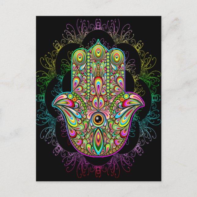 Hamsa Fatma Hand Psychedelic Art Vykort (Framsida)