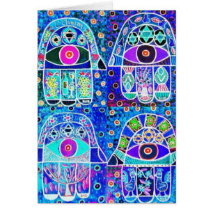 Hamsa för fyra blått vintage Tapastry Judaica Hälsningskort