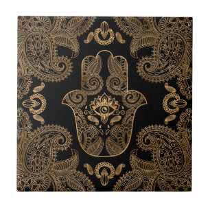 Hamsa Hand Black och guld Ornament Kakelplatta