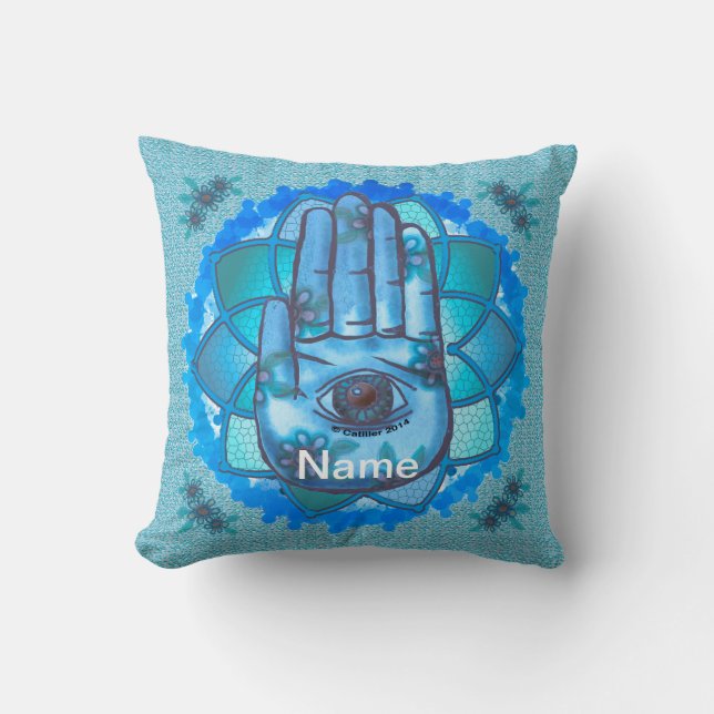 Hamsa Hand Blue Lotus Kudde (Framsida)