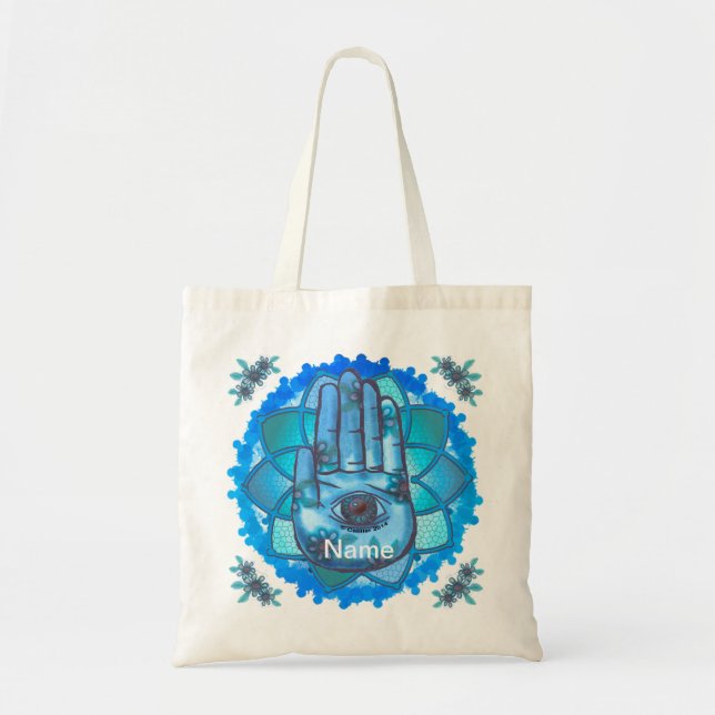 Hamsa Hand Blue Lotus Tote Bag Tygkasse (Framsidan)