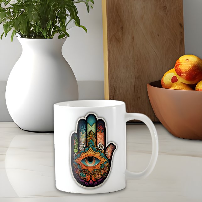 Hamsa Hand Classic Mugg, 11 oz Kaffemugg (Hamsa hand coffee mug sits on a kitchen counter)