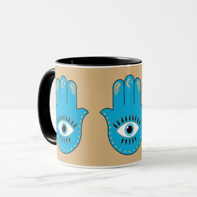 Hamsa Hand grekiska Evil Öga Blue Mugg (Framsida vänster)