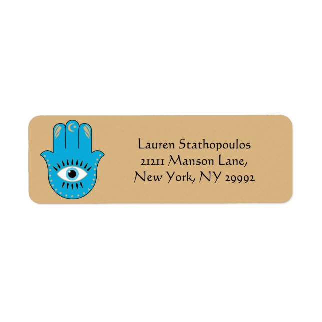 Hamsa Hand grekiska Evil Öga Blue Returadress Etikett (Framsidan)