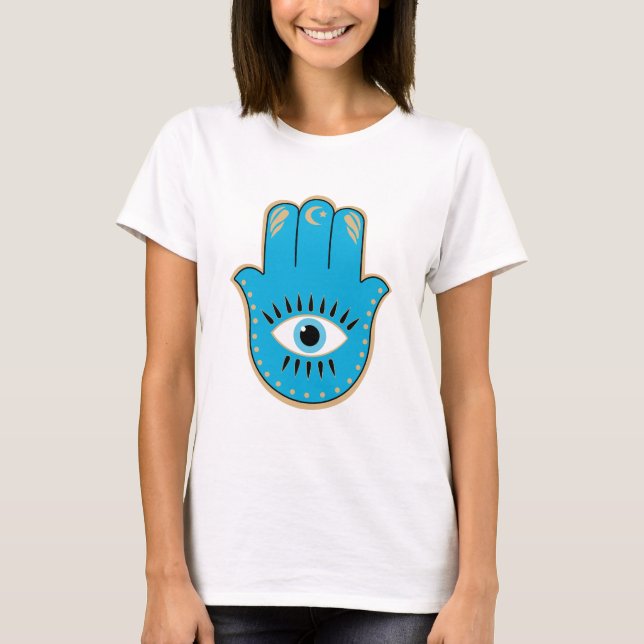 Hamsa Hand grekiska Evil Öga Blue T Shirt (Framsida)