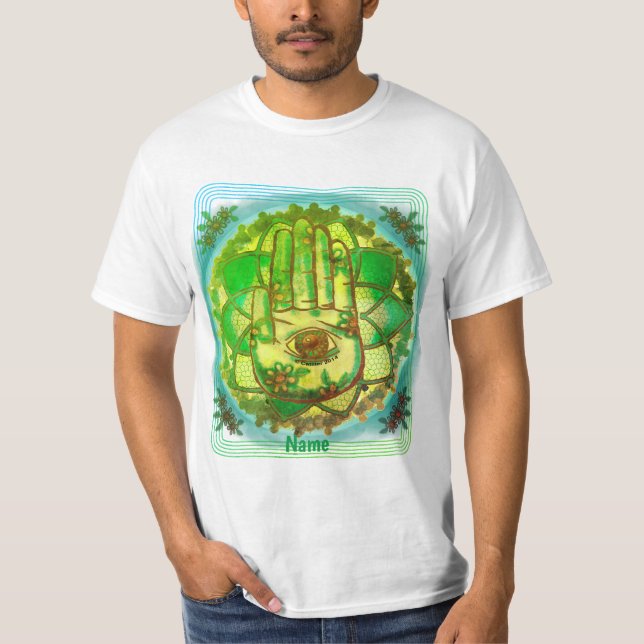 Hamsa Hand Grönt Lotus t-shirt (Framsida)