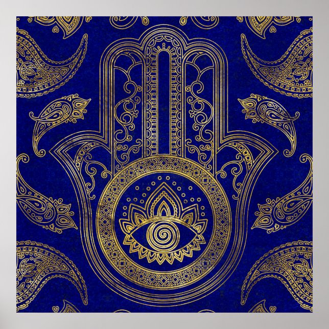 Hamsa Hand - guld on lapis lazuli Poster (Framsidan)