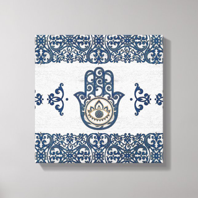 Hamsa Hand - Hand av Fatima blue wood Canvastryck (Framsida)