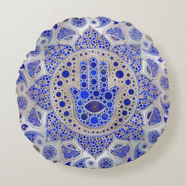 Hamsa Hand-Hand av Fatima på Pearl Mor Rund Kudde (Framsidan)