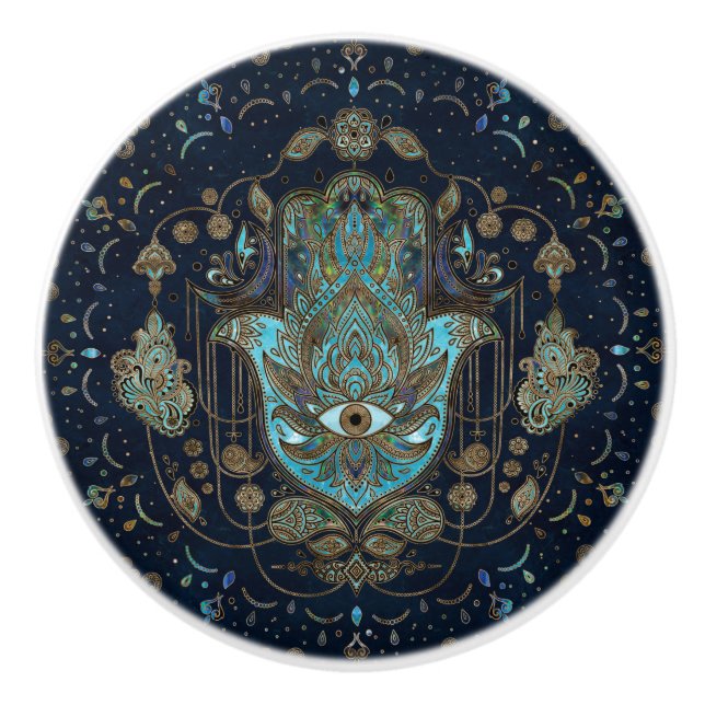 Hamsa Hand-Hand - Fatima Blue Gemstones Knopp (Framsidan)