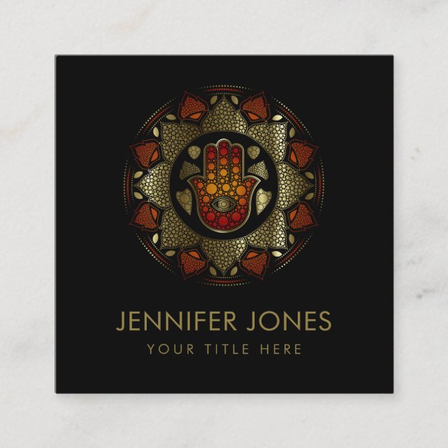 Hamsa Hand-Hand i Fatima in Lotus mandala Fyrkantigt Visitkort (Framsida)