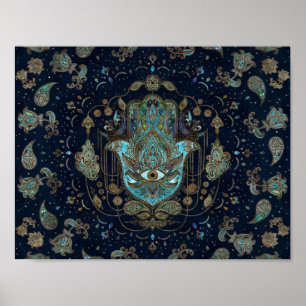 Hamsa Hand - Hand of Fatima Blue Gemstones Poster