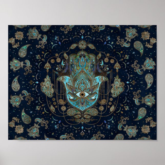 Hamsa Hand - Hand of Fatima Blue Gemstones Poster (Framsidan)