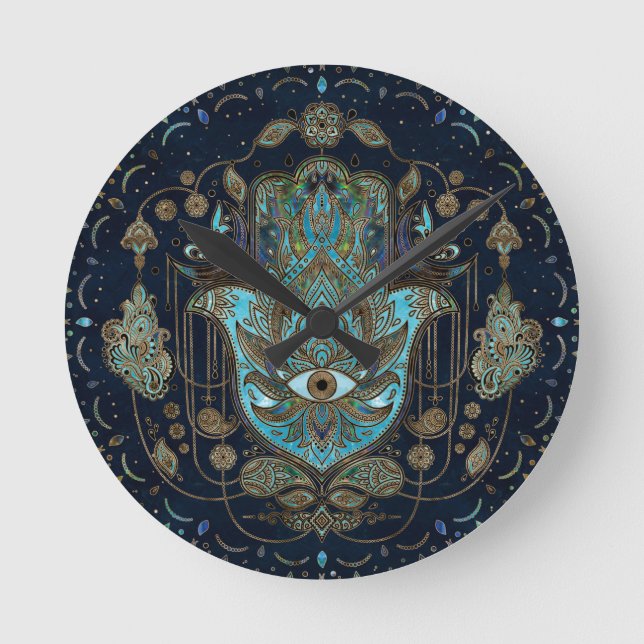 Hamsa Hand - Hand of Fatima Blue Gemstones Rund Klocka (Framsida)