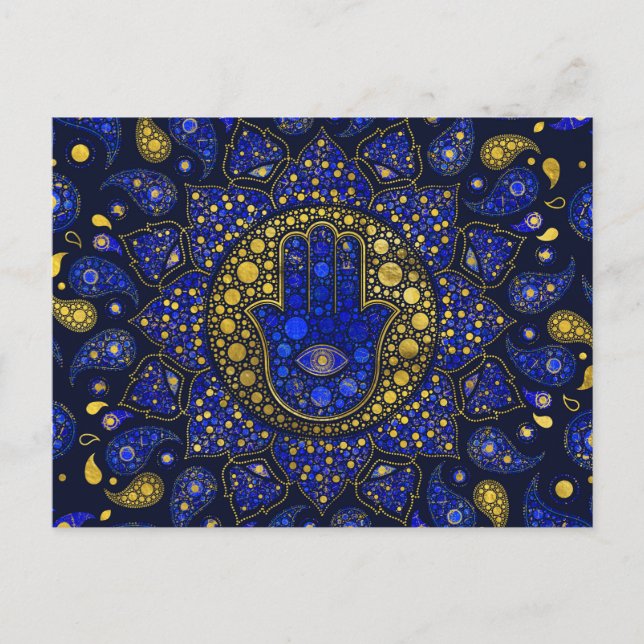 Hamsa Hand -Hand of Fatima Dot Art Lapis Lazuli Vykort (Framsida)