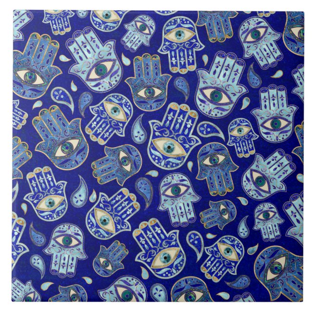 Hamsa Hand - Hand of Fatima mönster Blue Minerals Kakelplatta (Framsidan)