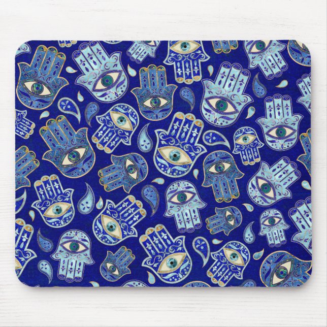 Hamsa Hand - Hand of Fatima mönster Blue Minerals Musmatta (Framsidan)