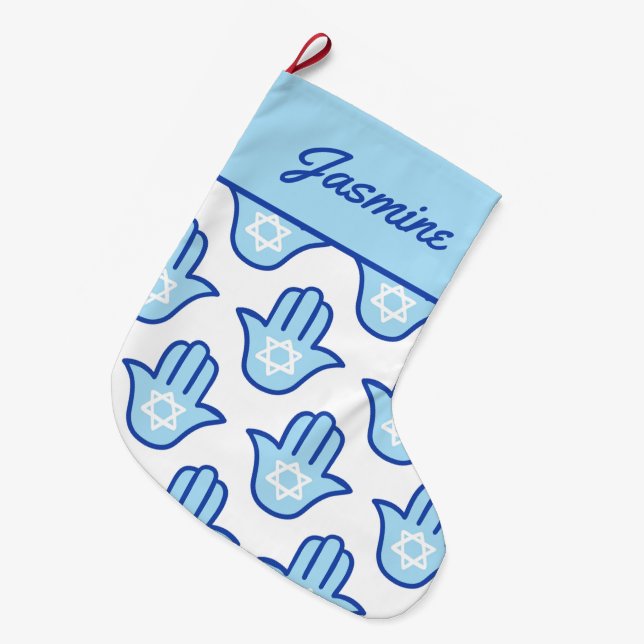 Hamsa Hand Jewish Star Blue Hanukkah Stocking Stor Julstrumpa (Framsidan (Hängande))