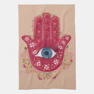 Hamsa Hand_Magenta_Cream kökshandduk