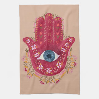 Hamsa Hand_Magenta_Cream kökshandduk