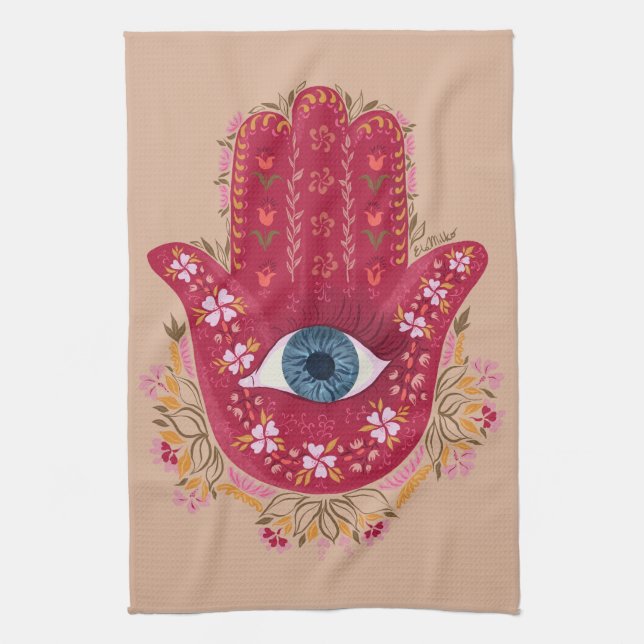 Hamsa Hand_Magenta_Cream kökshandduk (Vertikal)