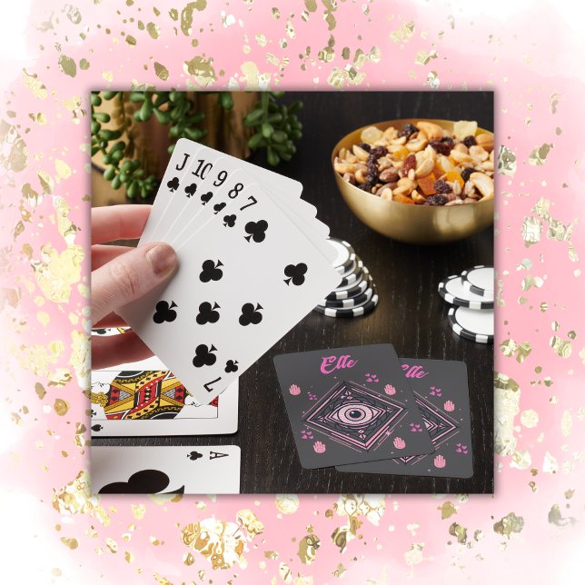 Hamsa Hand med Evil Öga och Hearts Rosa på grått Casinokort (Skapare uppladdad)