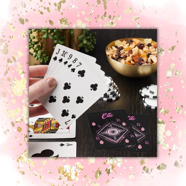 Hamsa Hand med Evil Öga och Hearts Rosa på svart Casinokort (Skapare uppladdad)