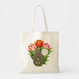 Hamsa Hand med Färgrika Tulpaner & Onda Ögon Blomm Tygkasse