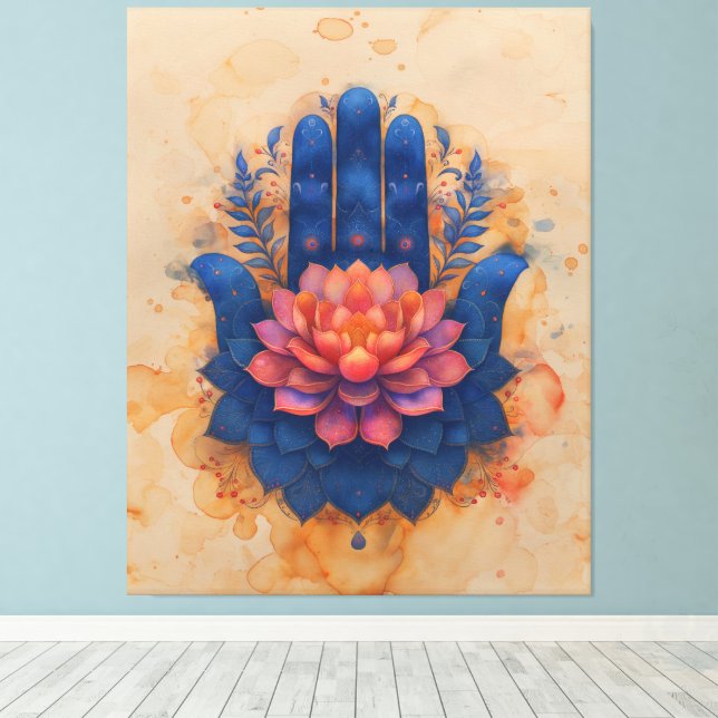 Hamsa Hand med Lotus Flower Canvastryck (Insitu (trägolv))