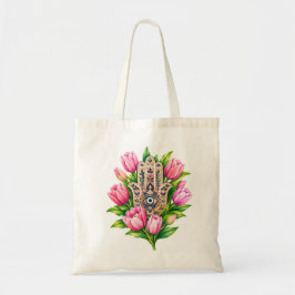 Hamsa Hand med rosa tulpaner & Onde Ögon Blommig K Tygkasse