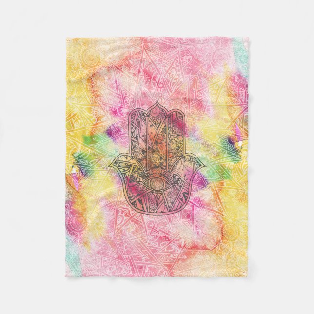 HAMSA Hand of Fatima symbol amulet Henna blommigt Fleecefilt (Framsidan)