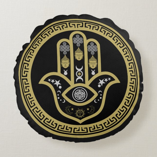 Hamsa Hand Ögonskydd Rund Kudde (Framsidan)