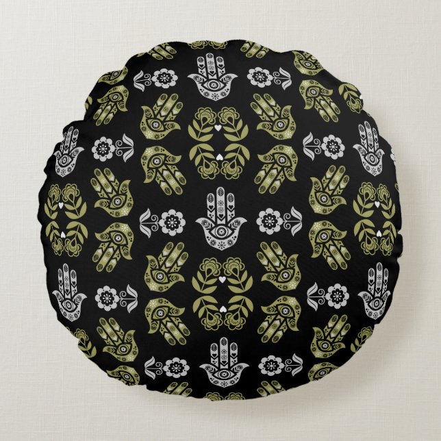 Hamsa Hand Protection Art Rund Kudde (Framsidan)