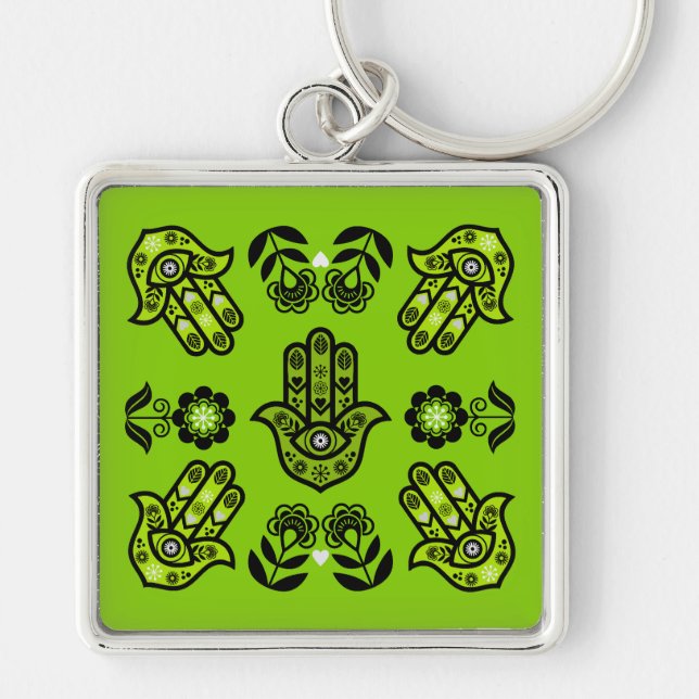 Hamsa Hand Skydds Konst Fyrkantig Silverfärgad Nyckelring (Framsidan)